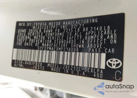 2021 Toyota Corolla Le из США, поврежденный, VIN 5YFEPMAEXMP218008